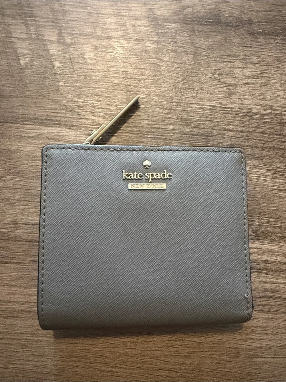 kate spade gray Saffiano compact zip wallet